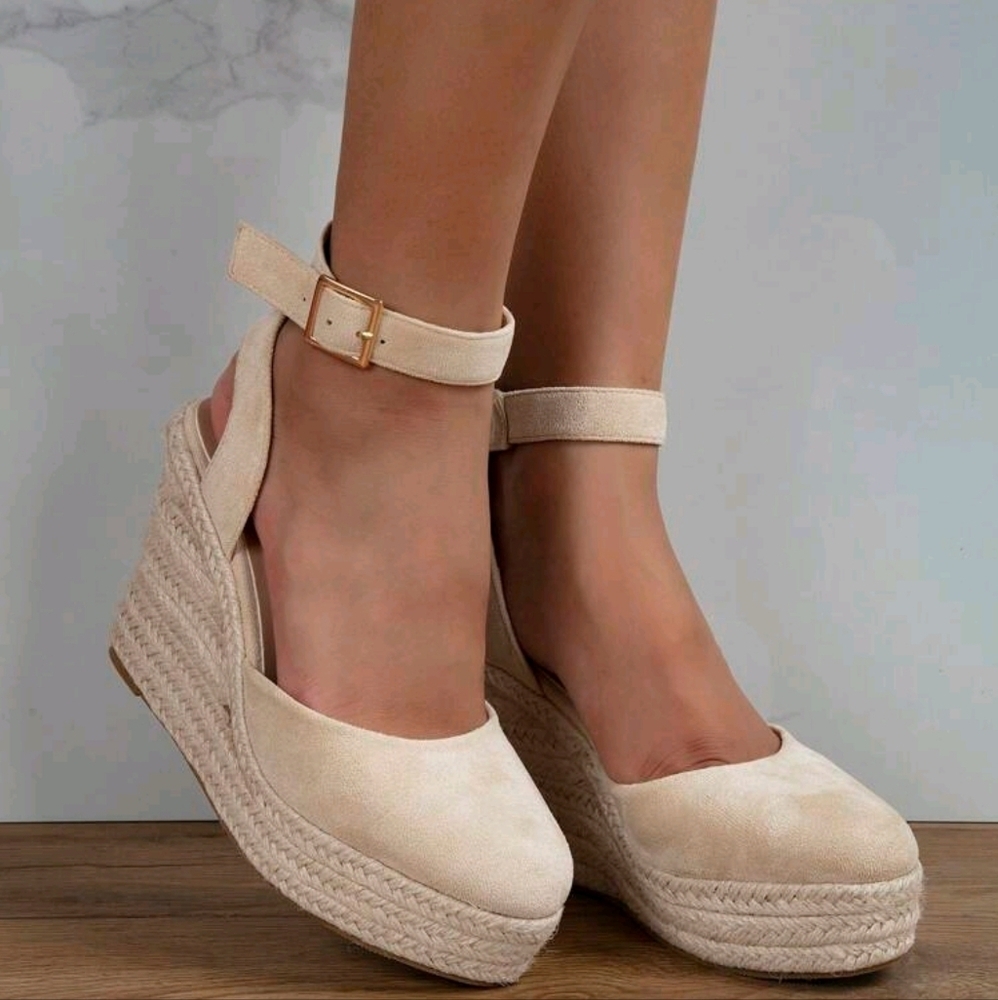 Women Beige Ankle Strap Woven Wedge Sandals, Round Toe High Heel For Vacation - Picture 3 of 6
